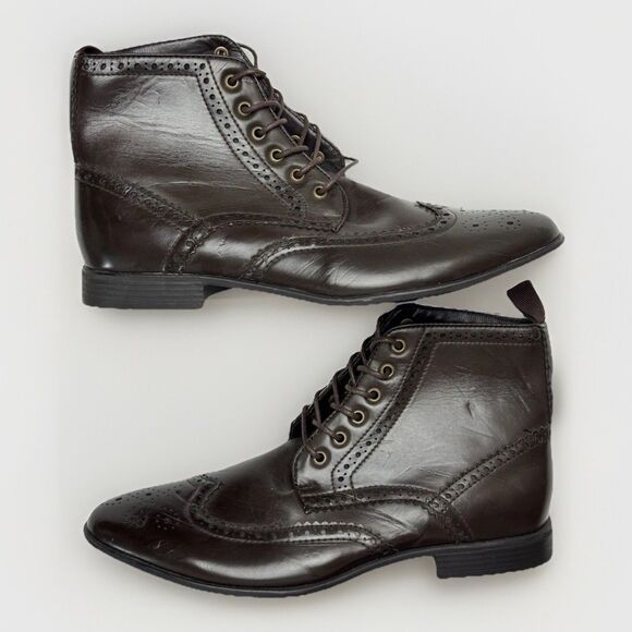 Size 9 - ASOS Men’s Brown Leather Brogue Wingtip Boots - Picture 1 of 7